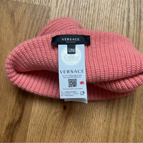VERSACE knit hat pink with green logo